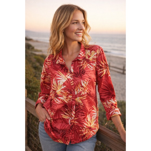 Caribbean Joe Tops - Caribbean  Joe Women  Shirt Womens 2X Tropical Floral Hawaiian 100% Cotton